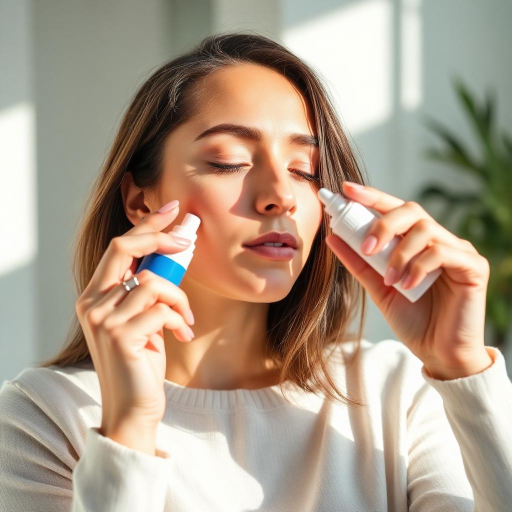Woman using a nasal spray for sinus relief